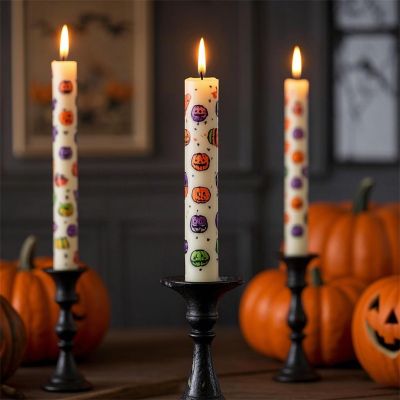 Halloween themed pumpkin skull pattern long festive dinner candle