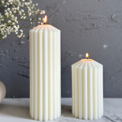 Unscented Ivory Columnar Pillar Candle Bulk Ribbed Thick Pillar Candles