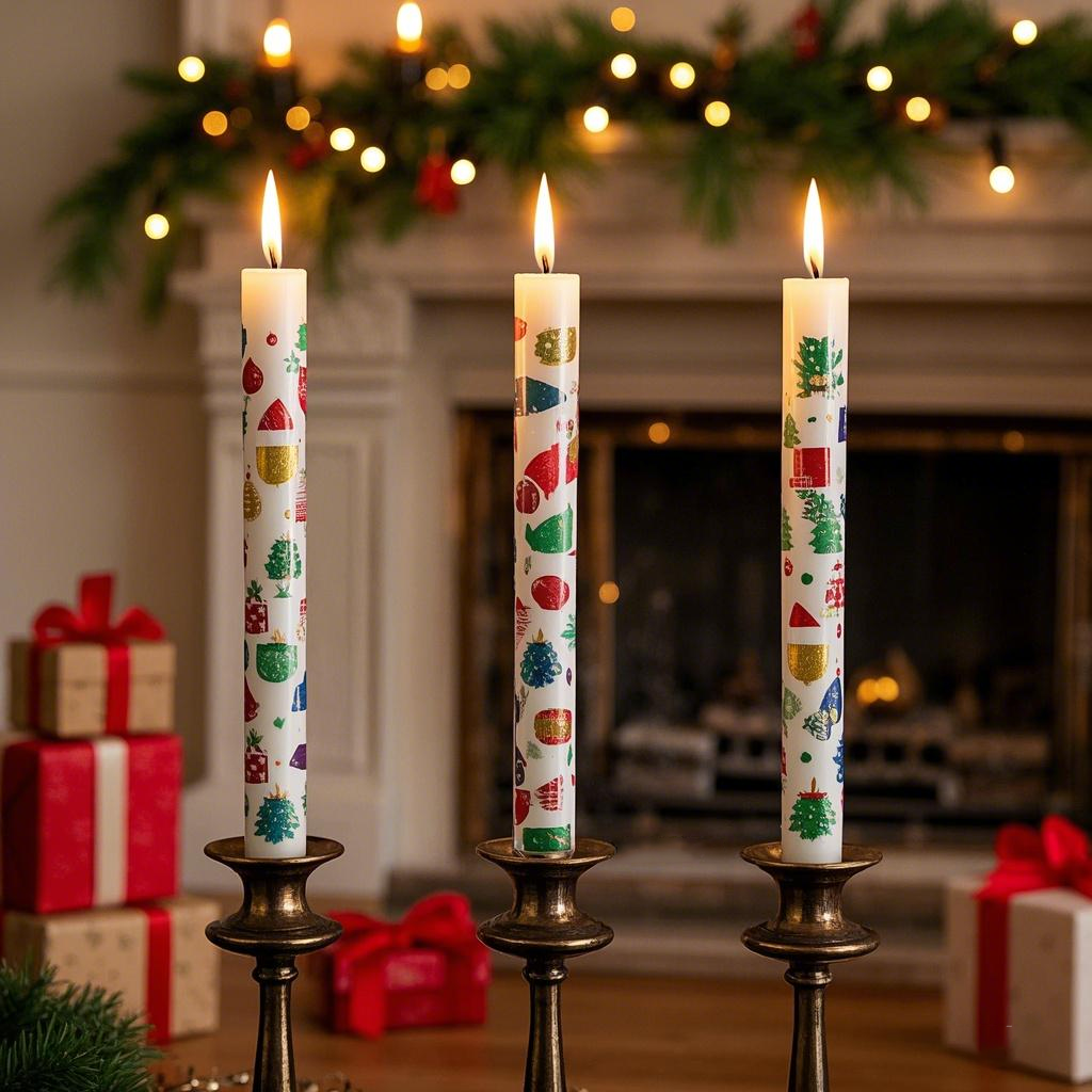 Christmas Printed Taper Candles – 2.2×18cm White Wax Dinner Candles