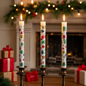 Christmas Printed Taper Candles – 2.2×18cm White Wax Dinner Candles
