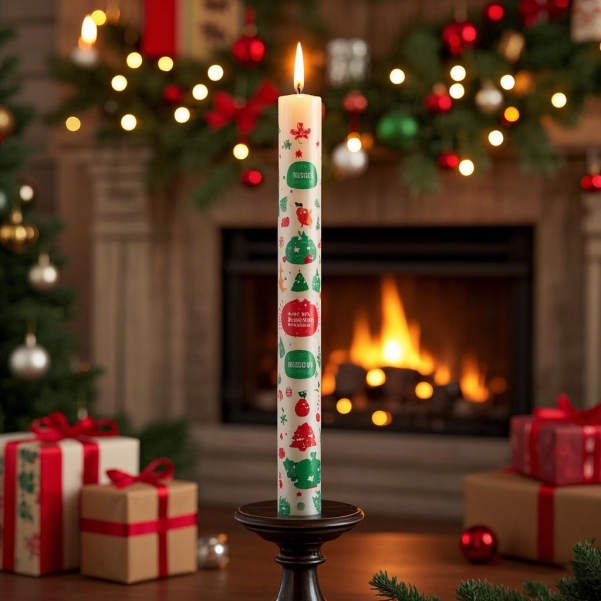 Christmas Printed Taper Candles – 2.2×18cm White Wax Dinner Candles