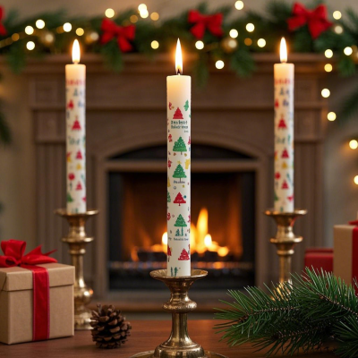 Christmas Printed Taper Candles – 2.2×18cm White Wax Dinner Candles