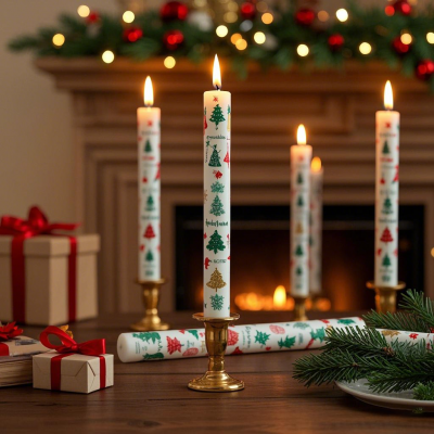 Christmas Printed Taper Candles – 2.2×18cm White Wax Dinner Candles