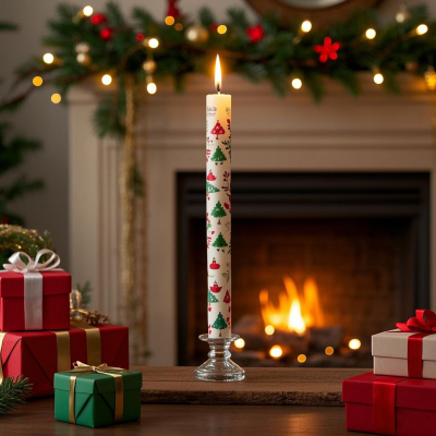 Christmas Printed Taper Candles – 2.2×18cm White Wax Dinner Candles