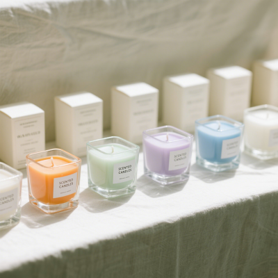 Colorful Macaron Scented Candles in Square Glass with White Gift Box