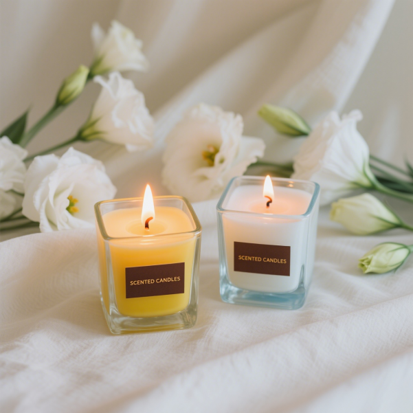 Colorful Macaron Scented Candles in Square Glass with White Gift Box