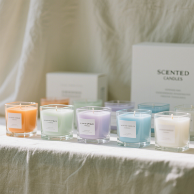 Colorful Macaron Scented Candles in Square Glass with White Gift Box