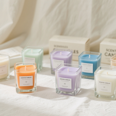 Colorful Macaron Scented Candles in Square Glass with White Gift Box