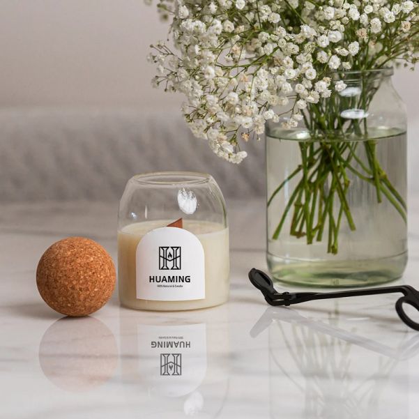 500g Luxury Elegant Borosilicate Glass Jar Scented Soy Candle with Cork Ball Lid