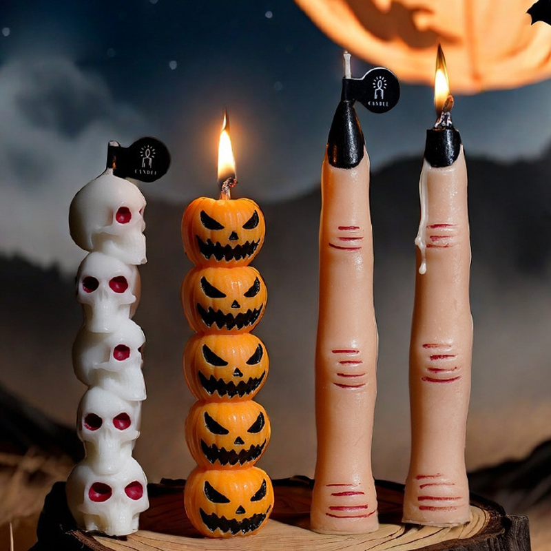 Halloween column skull, pumpkin and creepy finger shaped decorative candles