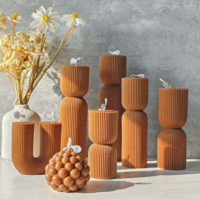 4.5x10cm Geometric Luxury Caramel Color Art Pillar Candle for Home Decor