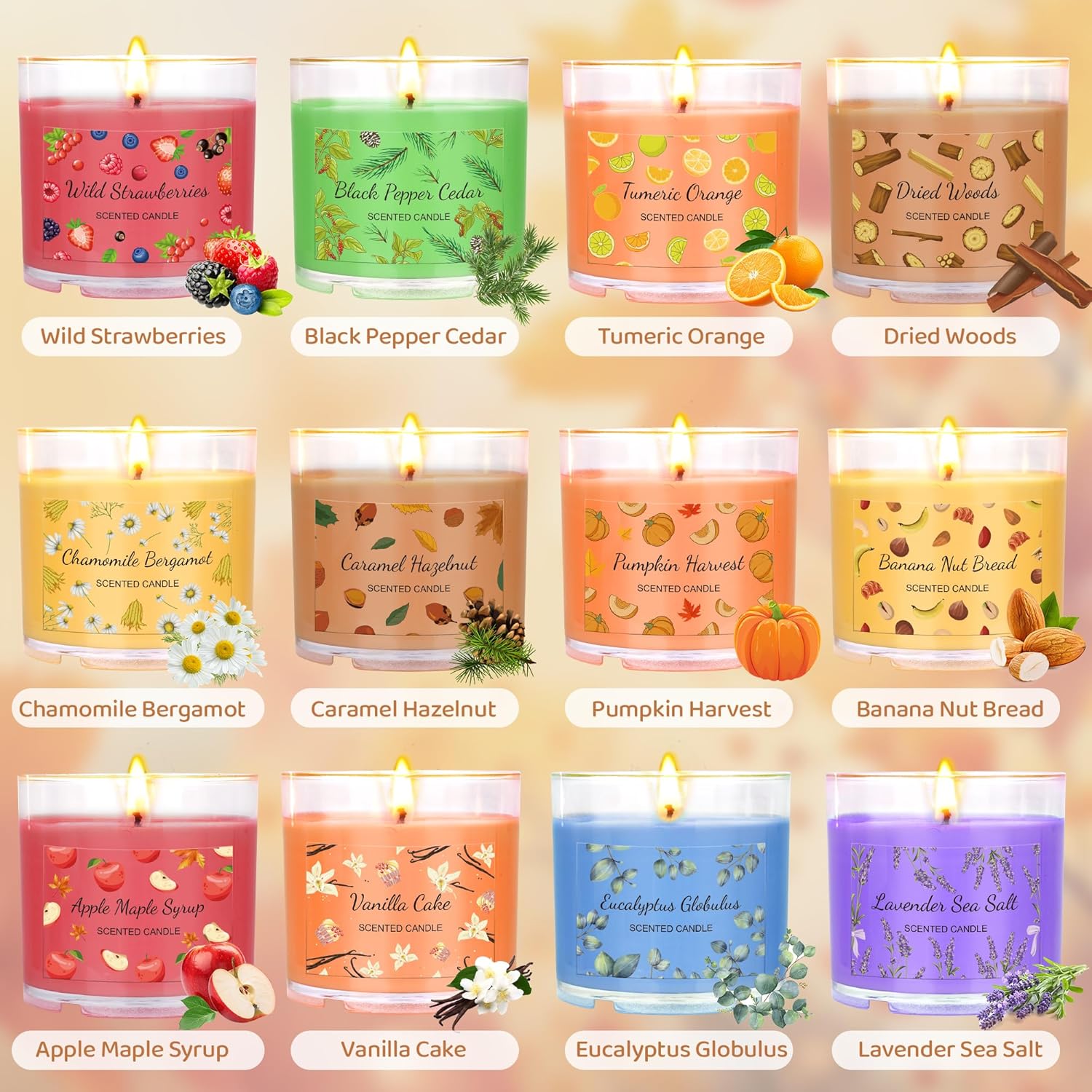 12 Pack Fall Scented Bulk  Mini Candle Gift Set for Home Birthday Halloween Christmas Birthday